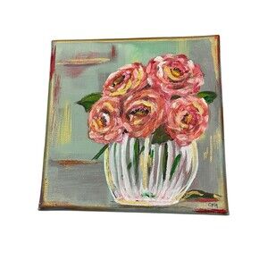 Original Painting Acrylic Pink Roses In Vase Canvas Signed 8 X 8” Cottage